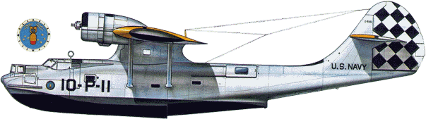PBY-2 (№ 0455) из VP-10, 2-е Патрульное авиакрыло, Перл-Харбор, 1938 г. Все поверхности цвета алюминия, нижняя часть фюзеляжа, верхние части кромок капотов и ромбы на руле направления - черные.