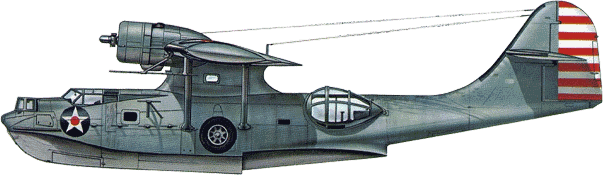 PBY-5A в поздней окраске Нейтрального Патруля (схема окраски начала войны). Сине-серые верхние поверхности и светло-серые нижние. Красный диск в центре опознавательного знака и красно-белые полосы на руле направления были отменены после 15 мая 1942 г