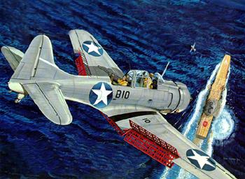 SBD-3 (зав. 03246) из VB-3, пилотируемый лейтенантом Сиддом Боттомли, заходит в пике в битве при Мидуэе 4 июня 1942 г. Боттомли получил Военно-морской Крест за попадание в авианосец.